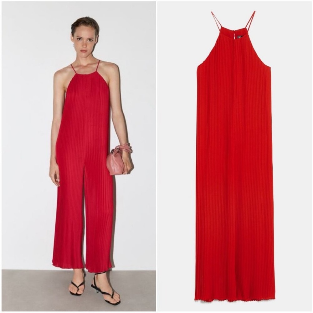 Zara Red Sleeveless Pleated Wide-Leg Jumpsuit